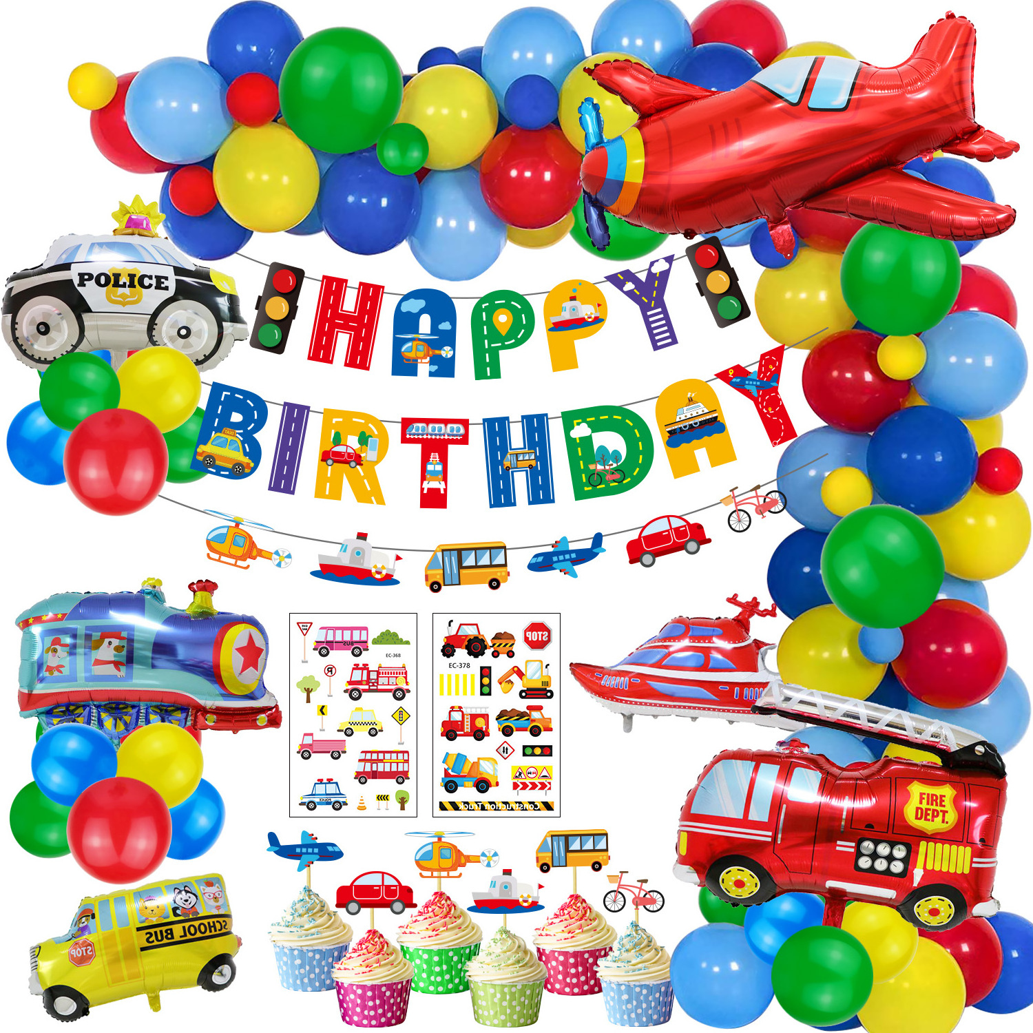 Construction Party Decorations Boys, Happy Birthday Banner Transport Vehicles Foil Balloons Plane Train Police Car School Bus Ya