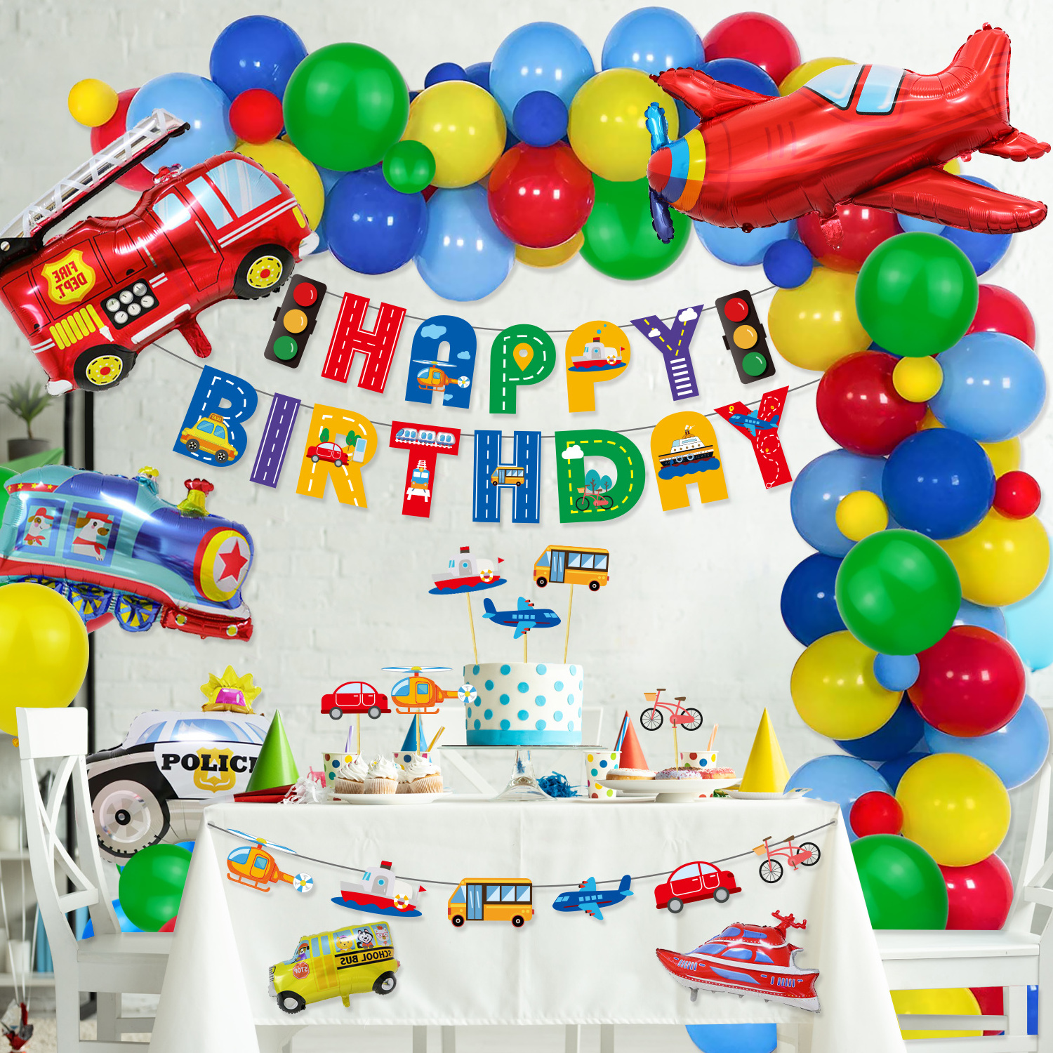 Construction Party Decorations Boys, Happy Birthday Banner Transport Vehicles Foil Balloons Plane Train Police Car School Bus Ya