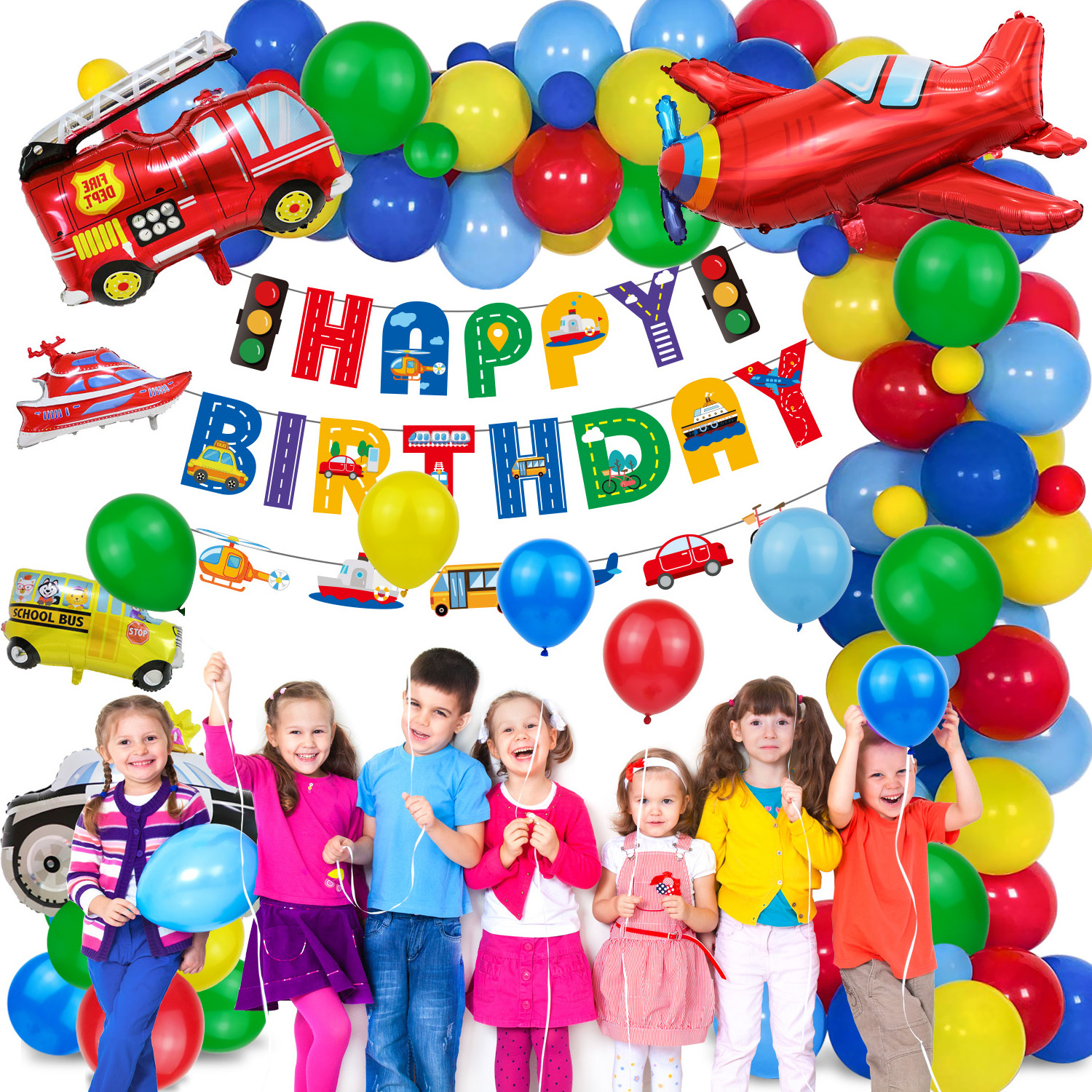 Construction Party Decorations Boys, Happy Birthday Banner Transport Vehicles Foil Balloons Plane Train Police Car School Bus Ya