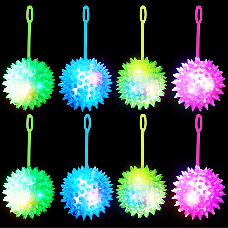 Light up Fidget Spiky Toy Stress Relief Spike Rubber Ball Led Flashing Spiky Balls with Rope Flash Squeaky Ball Party Favors