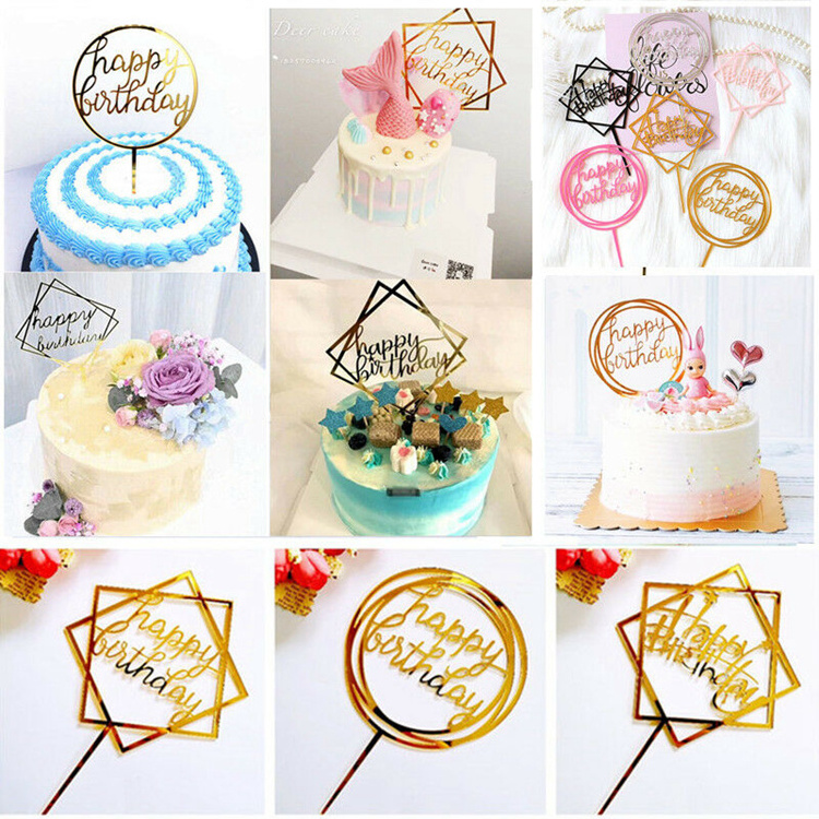 Custom Many Style Acrylic Cake Topper Gold Geometry Round Letter Cake Toppers Happy Birthday Wedding Party Cupcake Toppers