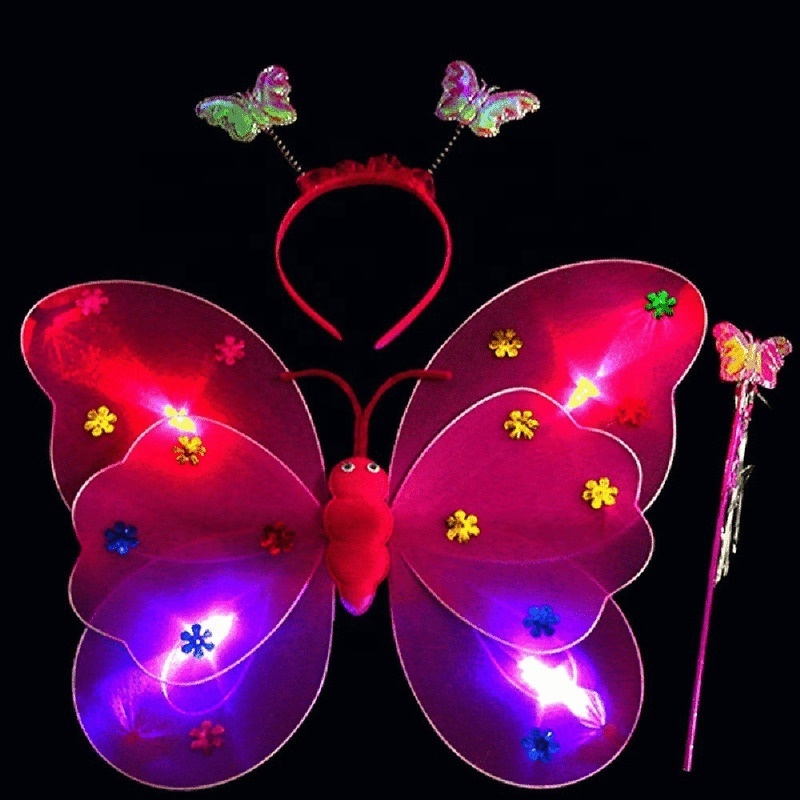 3Pcs Girls Fairy Costume Set LED Light Up Butterfly Angel Wings with Wand Headband for Halloween Party Cosplay Photography