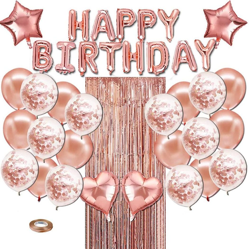 Rose Gold Birthday Party Decoration Happy Birthday Banner Fringe Curtain Foil Tablecloth Heart Star Foil Confetti