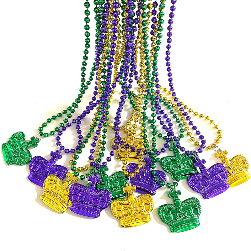 Mardi Gras Bead Necklaces with Crown Pendant Metallic Crown Mardi Gras Beads New Orleans Beads for Mardi Gras Party