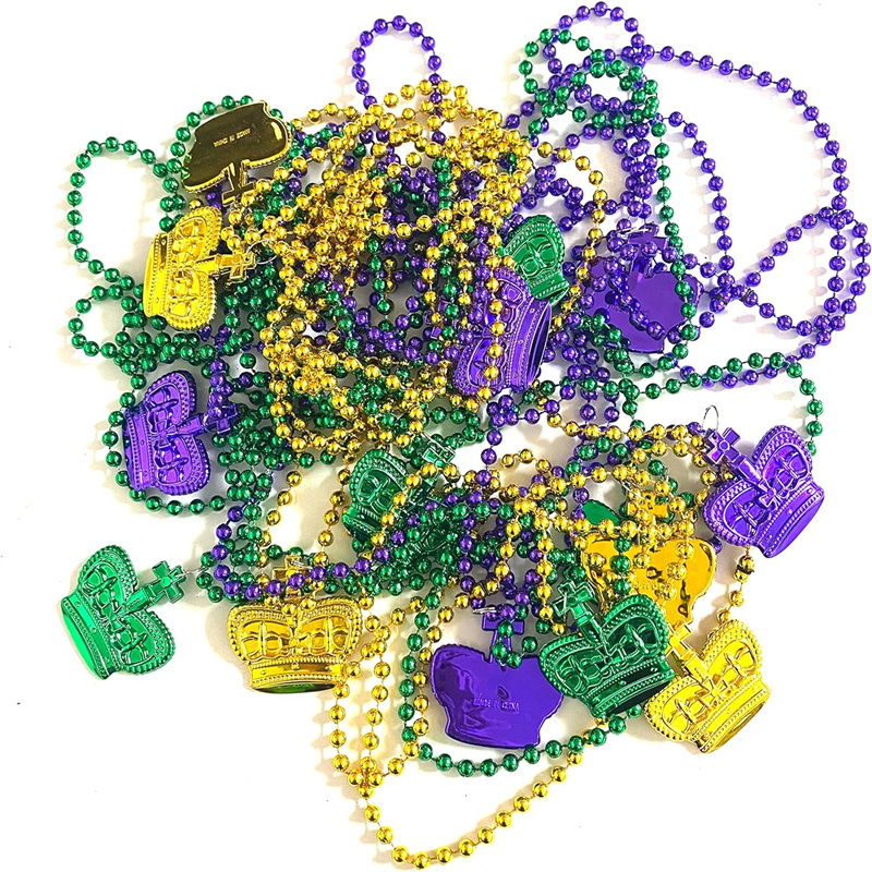 Mardi Gras Bead Necklaces with Crown Pendant Metallic Crown Mardi Gras Beads New Orleans Beads for Mardi Gras Party