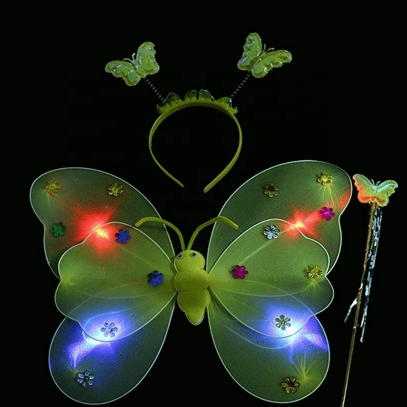 3Pcs Girls Fairy Costume Set LED Light Up Butterfly Angel Wings with Wand Headband for Halloween Party Cosplay Photography