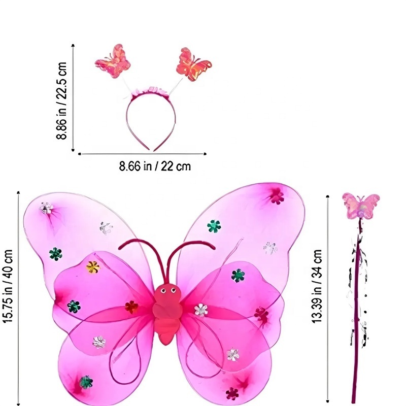 3Pcs Girls Fairy Costume Set LED Light Up Butterfly Angel Wings with Wand Headband for Halloween Party Cosplay Photography