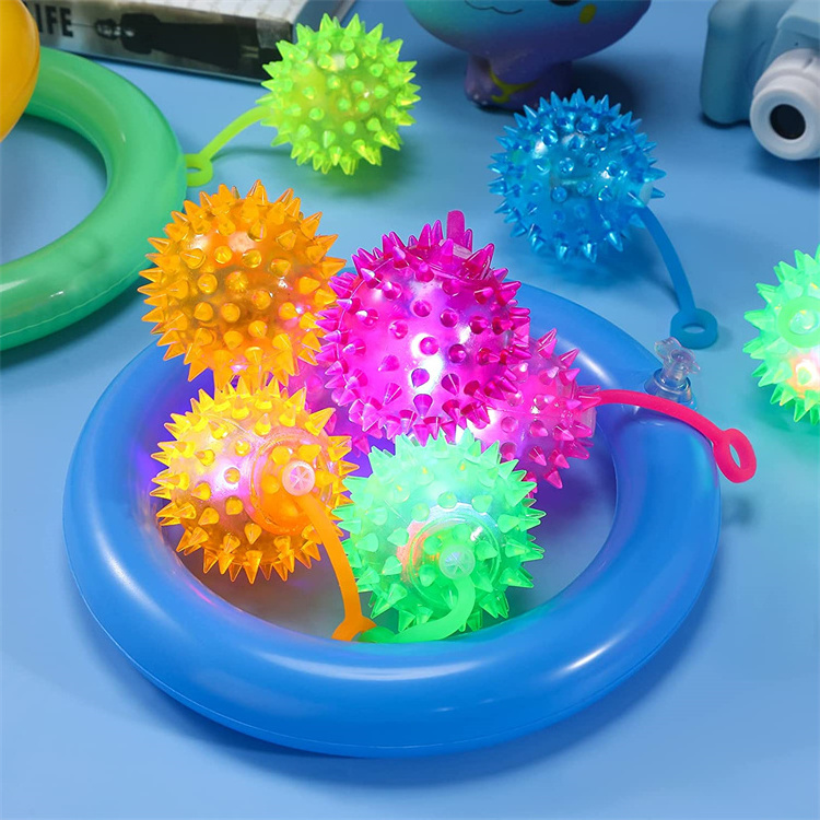 Light up Fidget Spiky Toy Stress Relief Spike Rubber Ball Led Flashing Spiky Balls with Rope Flash Squeaky Ball Party Favors