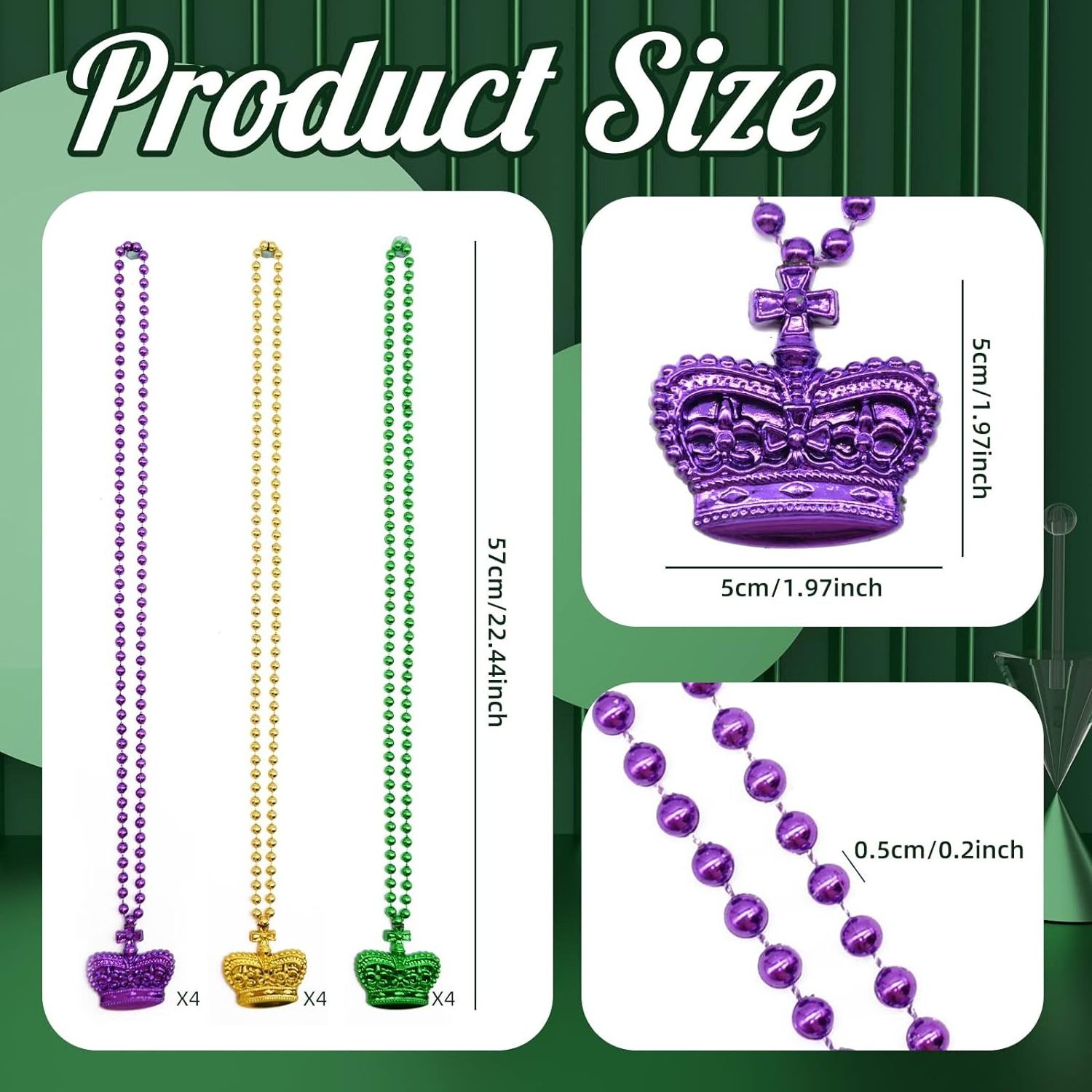 Mardi Gras Bead Necklaces with Crown Pendant Metallic Crown Mardi Gras Beads New Orleans Beads for Mardi Gras Party