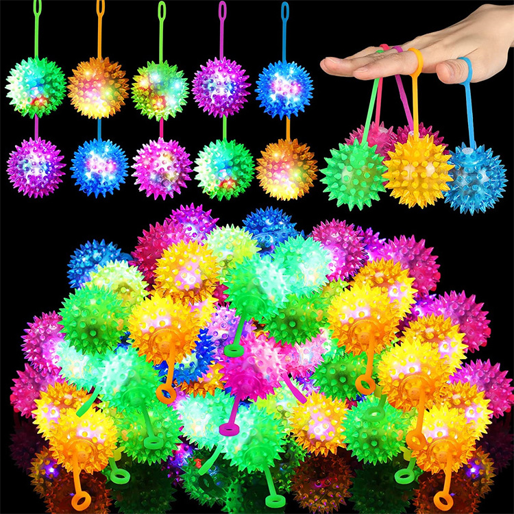 Light up Fidget Spiky Toy Stress Relief Spike Rubber Ball Led Flashing Spiky Balls with Rope Flash Squeaky Ball Party Favors