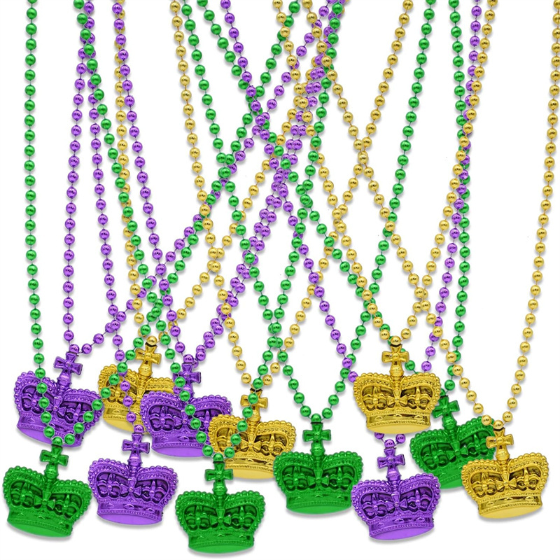 Mardi Gras Bead Necklaces with Crown Pendant Metallic Crown Mardi Gras Beads New Orleans Beads for Mardi Gras Party