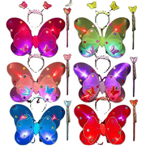 3Pcs Girls Fairy Costume Set LED Light Up Butterfly Angel Wings with Wand Headband for Halloween Party Cosplay Photography