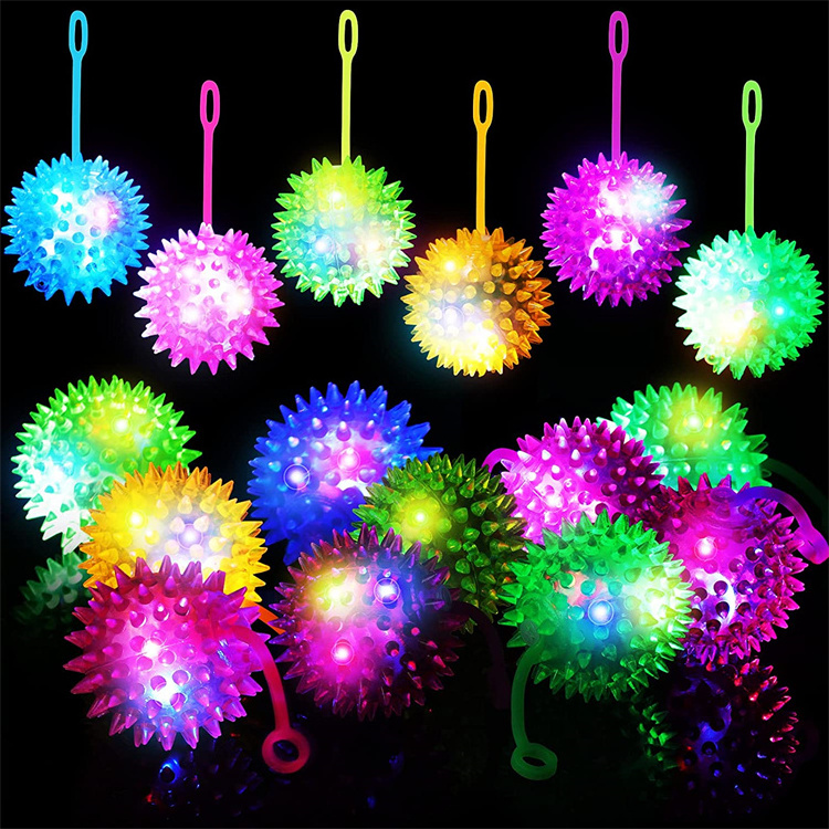 Light up Fidget Spiky Toy Stress Relief Spike Rubber Ball Led Flashing Spiky Balls with Rope Flash Squeaky Ball Party Favors