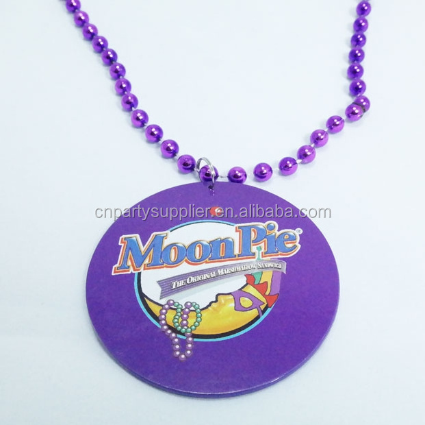 Custom Bead Medallion Necklace Mardi Gras Beads With Printed Pendant Cheap Bead Necklaces For Christmas Decoration