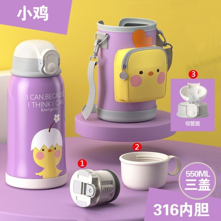 Hot seeling 5 kits kids stainless steel cartoon cute with cup set children's water bottle with straw manufacture direct sales