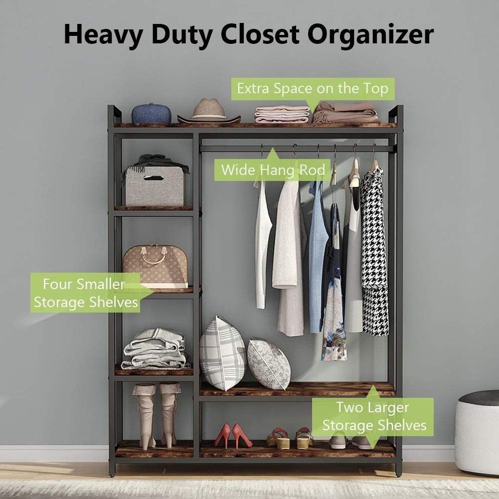 Portable Garment Rack with 6 Shelves and Hanging Rod,Heavy Duty Clothes Closet, Black Metal Frame & Rustic Board Finish