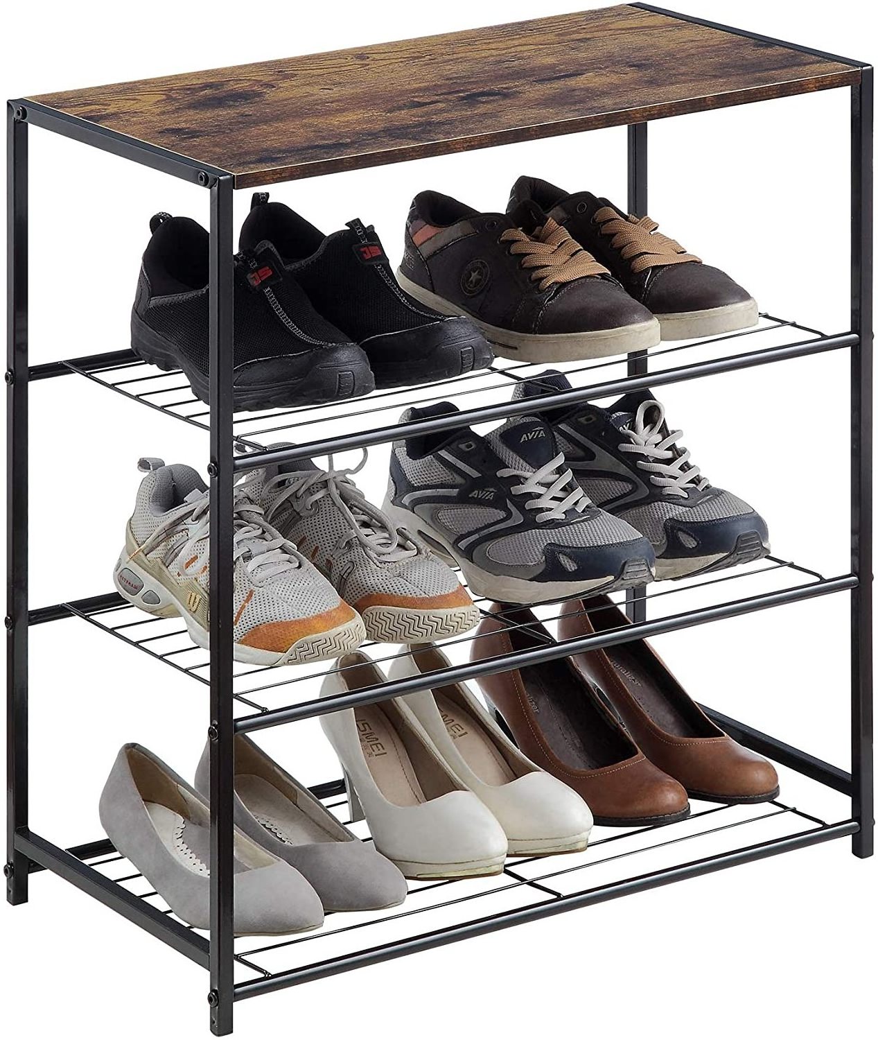 Shoe Storage Shelf with MDF Top Board and 4-Tier Metal Shoe Rack, All-Metal Shoe Tower Rustic Brown