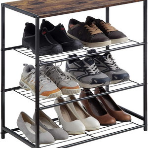 Shoe Storage Shelf with MDF Top Board and 4-Tier Metal Shoe Rack, All-Metal Shoe Tower Rustic Brown