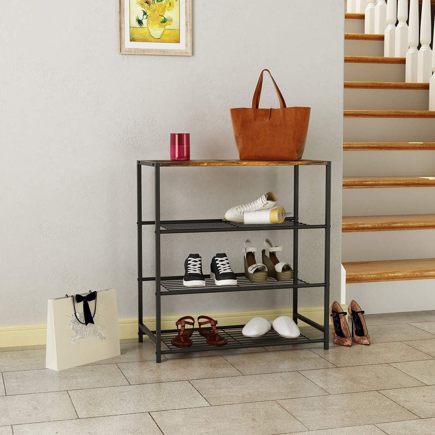 Shoe Storage Shelf with MDF Top Board and 4-Tier Metal Shoe Rack, All-Metal Shoe Tower Rustic Brown