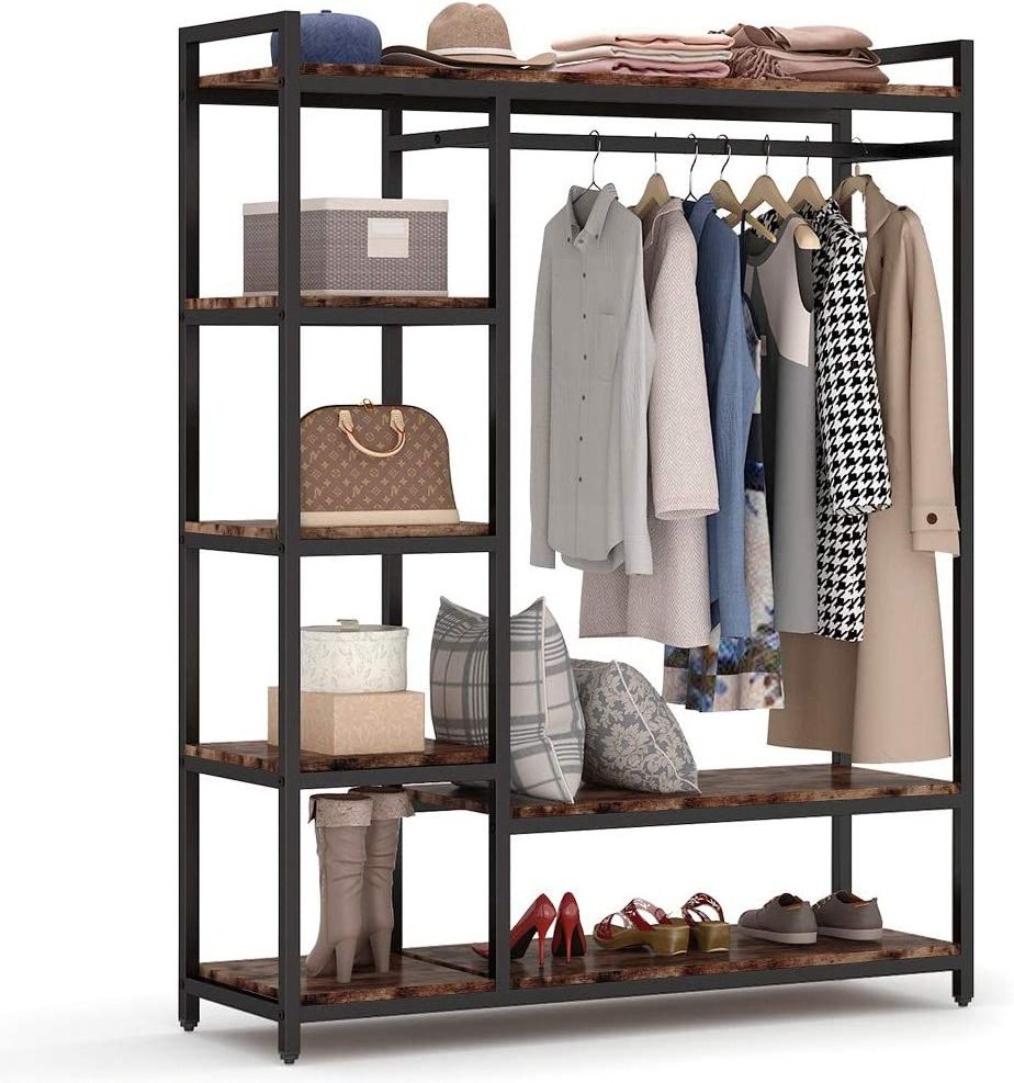 Portable Garment Rack with 6 Shelves and Hanging Rod,Heavy Duty Clothes Closet, Black Metal Frame & Rustic Board Finish