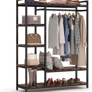 Portable Garment Rack with 6 Shelves and Hanging Rod,Heavy Duty Clothes Closet, Black Metal Frame & Rustic Board Finish