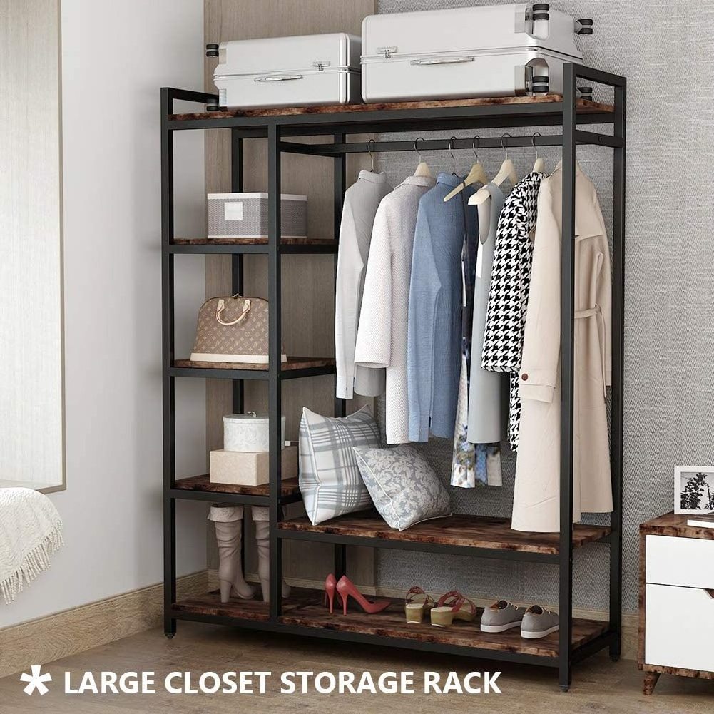 Portable Garment Rack with 6 Shelves and Hanging Rod,Heavy Duty Clothes Closet, Black Metal Frame & Rustic Board Finish