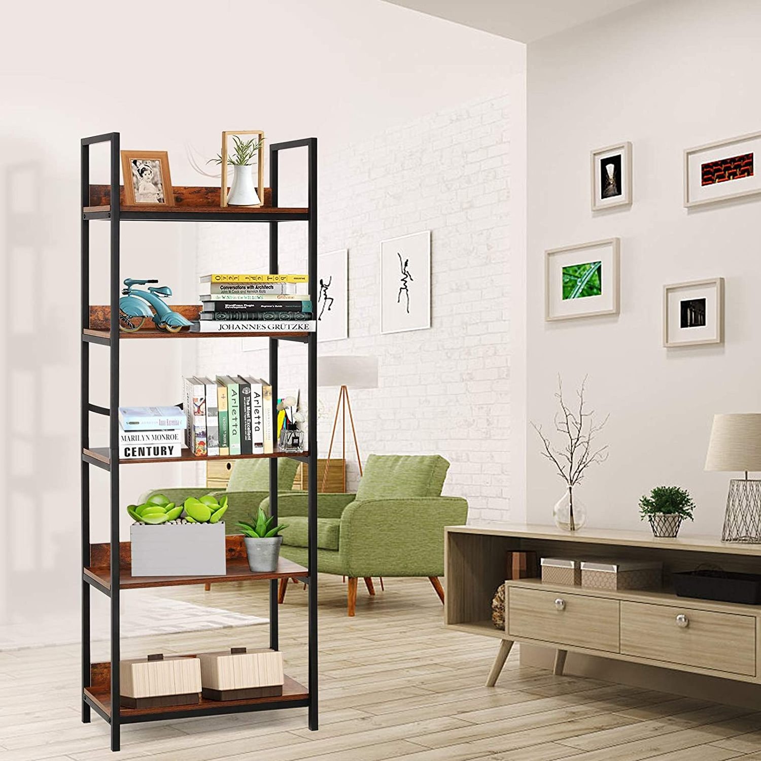 Wood 5 Tier Bookshelf Shelves Bookcase Craft Storage Shelf for Bedroom Living Room and Office