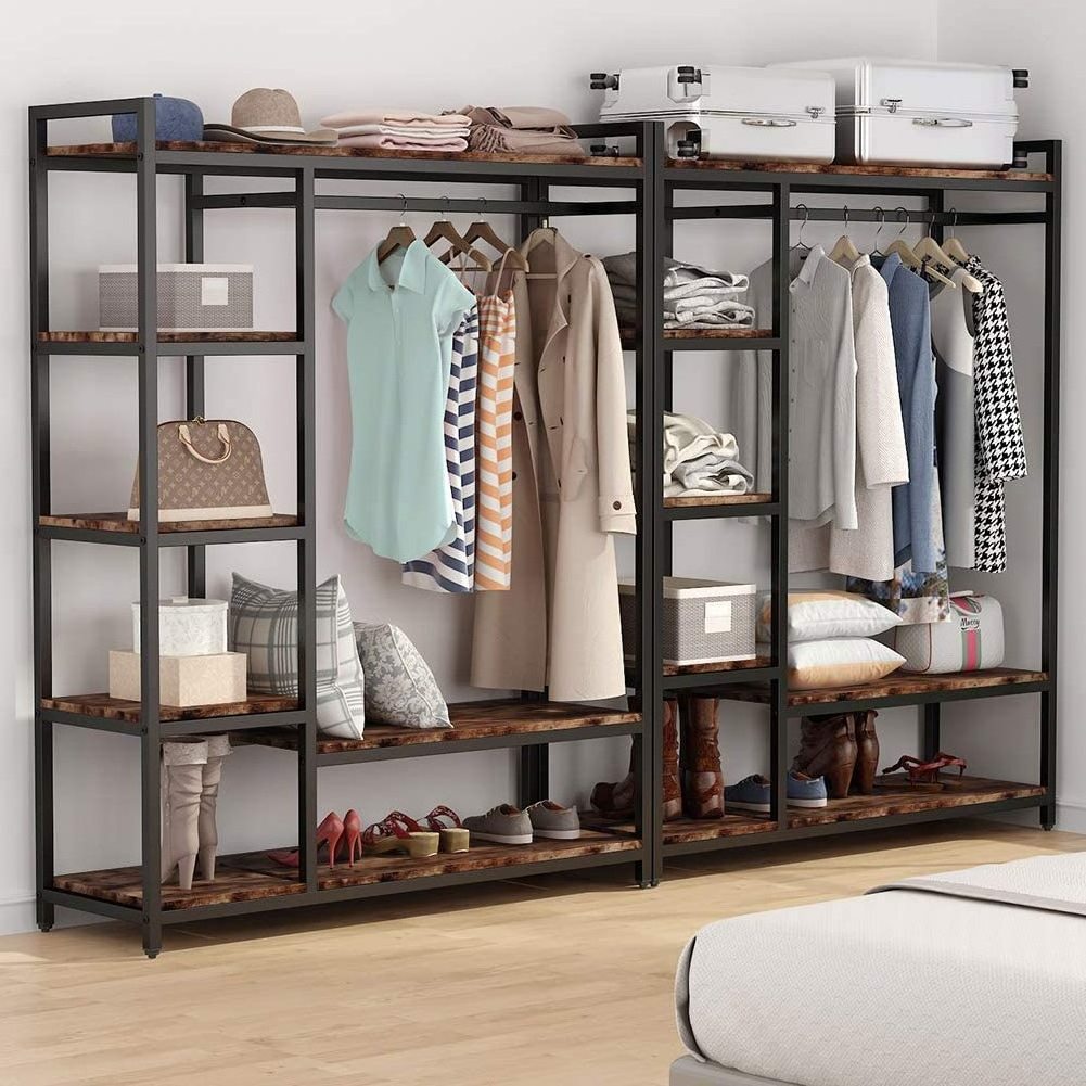 Portable Garment Rack with 6 Shelves and Hanging Rod,Heavy Duty Clothes Closet, Black Metal Frame & Rustic Board Finish