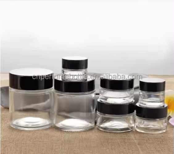 MUB Wholesale 5g 10g 20g 30g 50g 100g amber glass botttles empty glass cosmetic cream bottles jars for with black lids