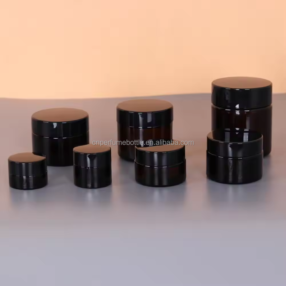 MUB Wholesale 5g 10g 20g 30g 50g 100g amber glass botttles empty glass cosmetic cream bottles jars for with black lids