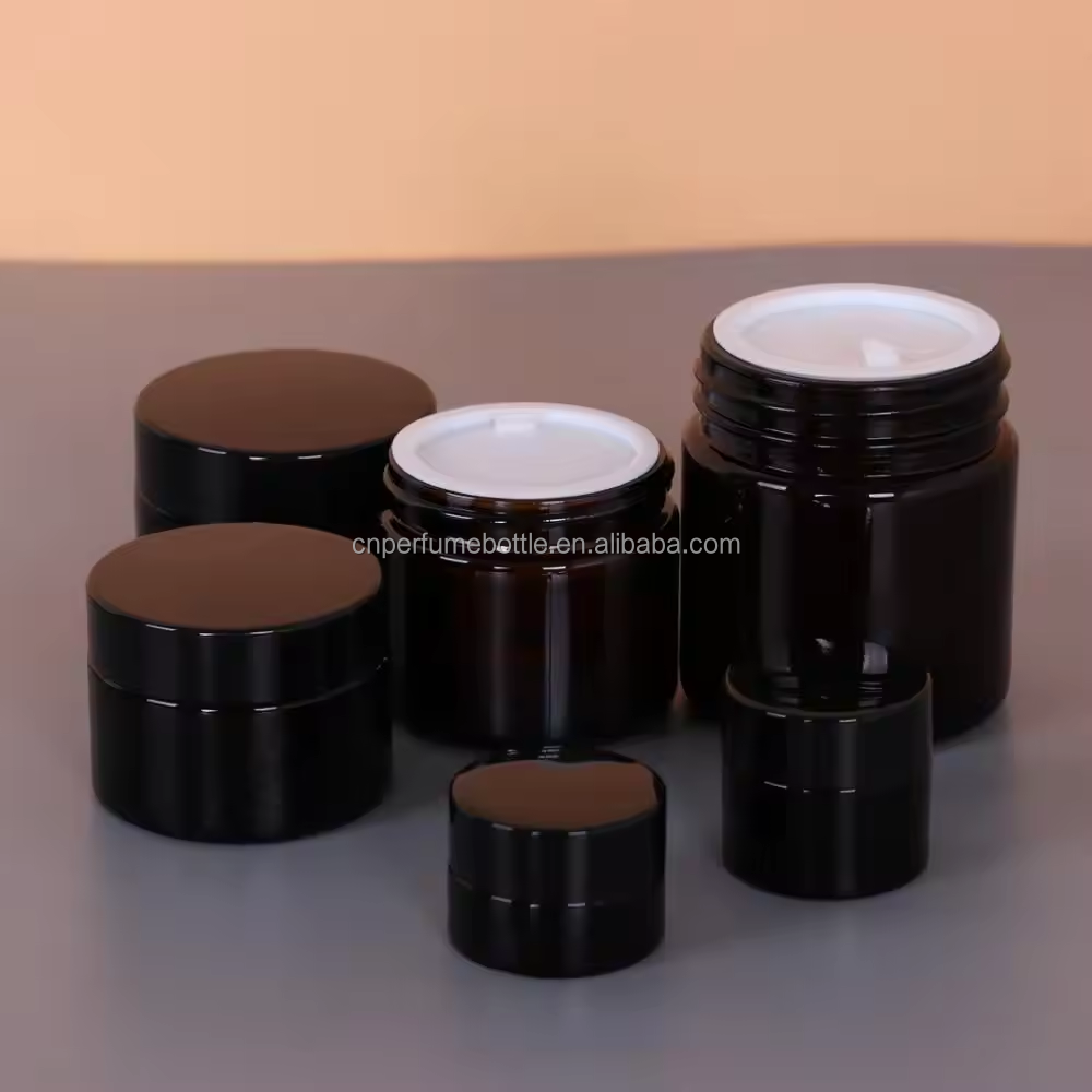 MUB Wholesale 5g 10g 20g 30g 50g 100g amber glass botttles empty glass cosmetic cream bottles jars for with black lids