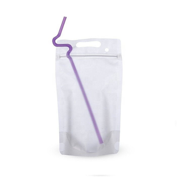 Reclosable Heavy Duty Hand-Held Translucent Ice Drink Pouches Smoothie Bags Juice Pouches with Straws