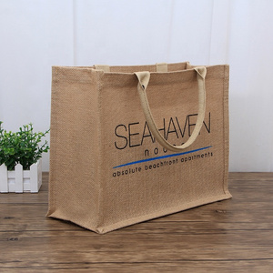 Eco-Friendly Portable Burlap Jute Shopping Bag Handbag Bamboo Loop Handles Tote Promotional Waterproof Burlap Hemp Shopping Bags