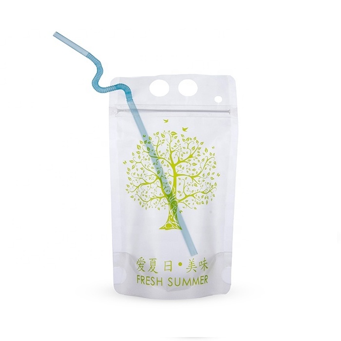 Reclosable Heavy Duty Hand-Held Translucent Ice Drink Pouches Smoothie Bags Juice Pouches with Straws