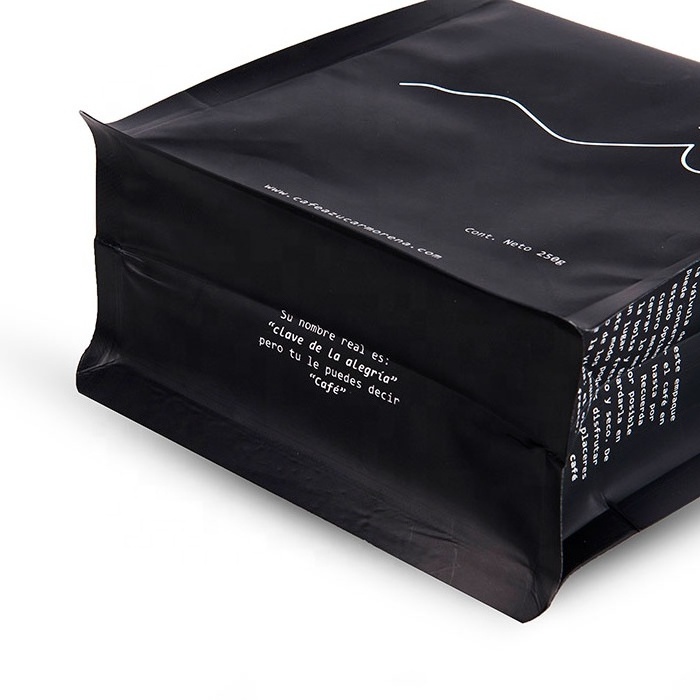 Custom Printed Eco-friendly Matt Black Flat Box Bottom 100% Recyclable Food Tea Coffee Zipper Packaging Bag With Valve