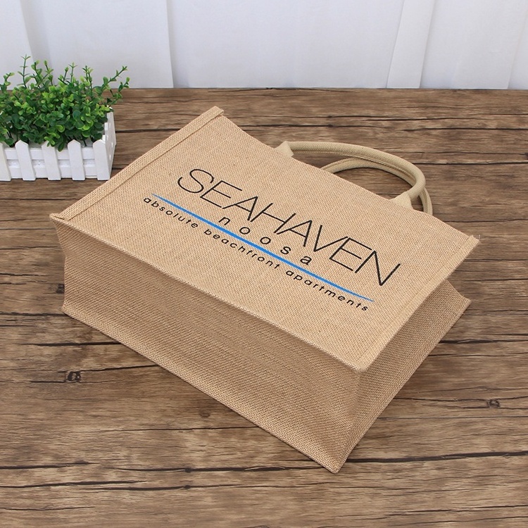 Eco-Friendly Portable Burlap Jute Shopping Bag Handbag Bamboo Loop Handles Tote Promotional Waterproof Burlap Hemp Shopping Bags