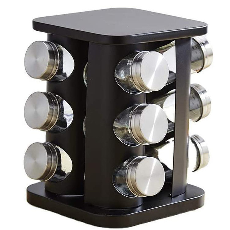 Stainless Steel Black Kitchen Cabinet  Revolving Spice Rack Organizer 12 Jars Countertop Seasoning Tower Holder Stand Shelf Set