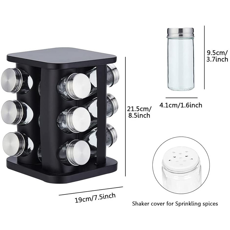 Stainless Steel Black Kitchen Cabinet  Revolving Spice Rack Organizer 12 Jars Countertop Seasoning Tower Holder Stand Shelf Set