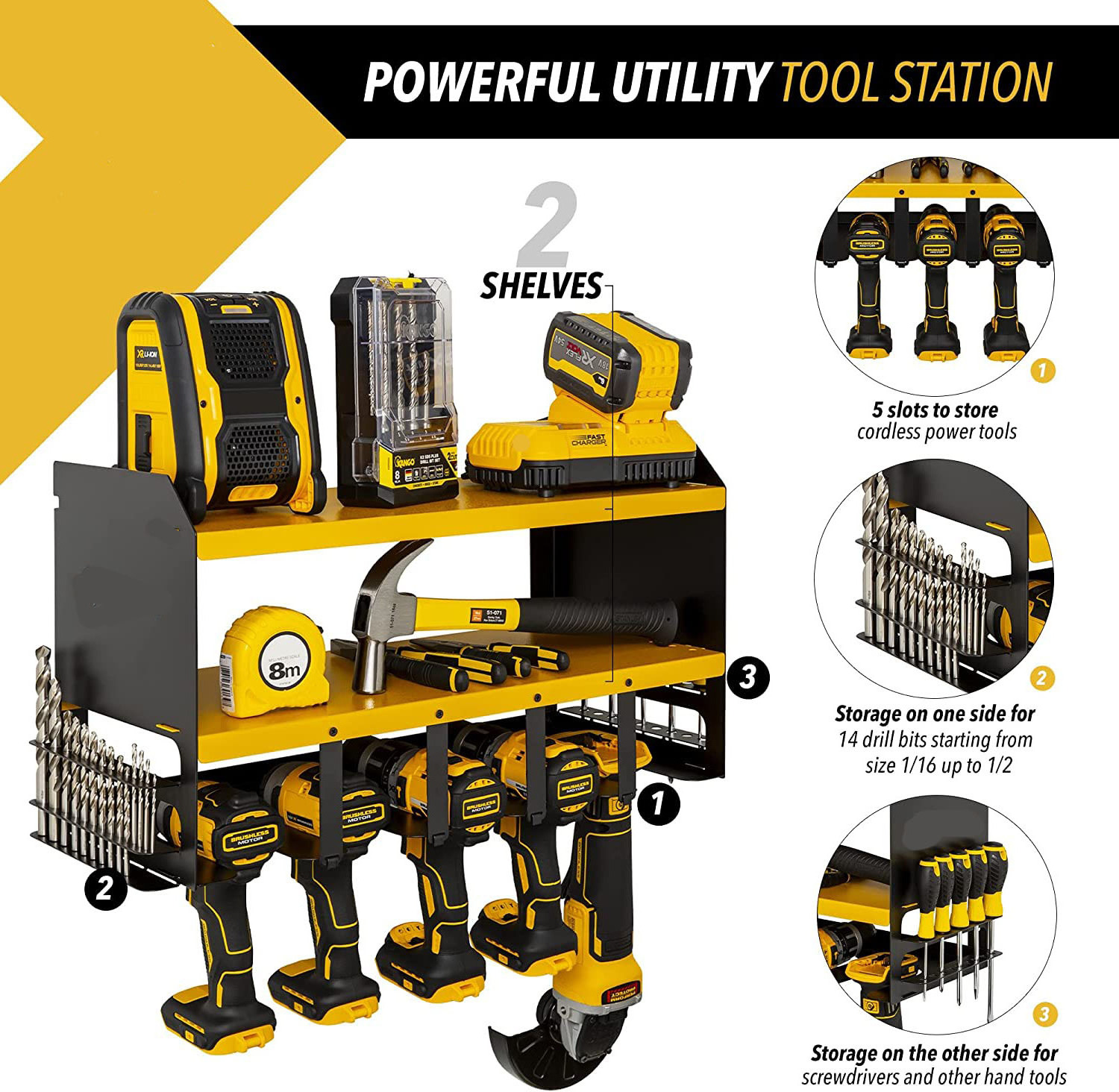 Power Tool Organizer Drill Holder Wall Mount Heavy Duty Garage Organizer and Storage Suitable Tool Rack for Tool Room