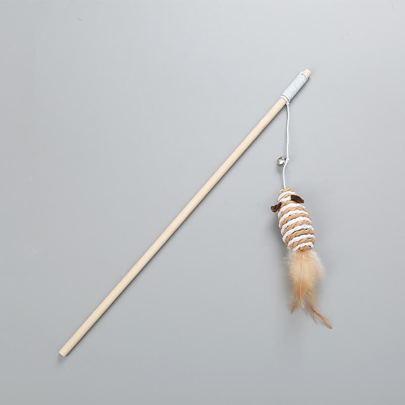 wholesale cheap price  rope l mouse on a wooden stick feather cat toy