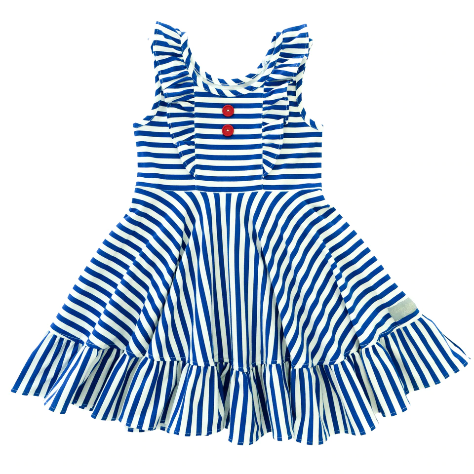 summer new sleeveless girls' dresses ruffle neckline hem stripe print white and blue dress for kids