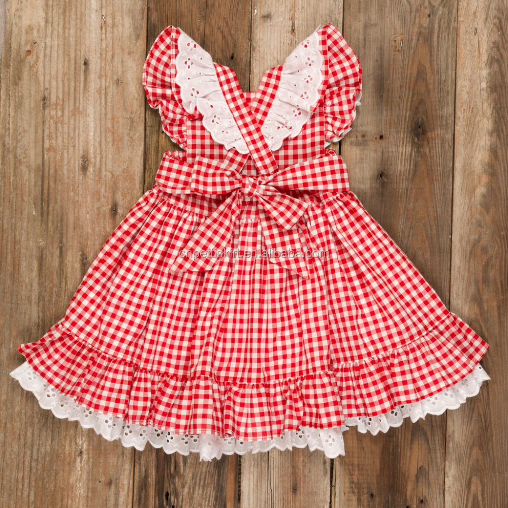 2022 boutique customized small flying sleeves children dress red lattice fashion baby girl dress lace ruffle hem kids dress