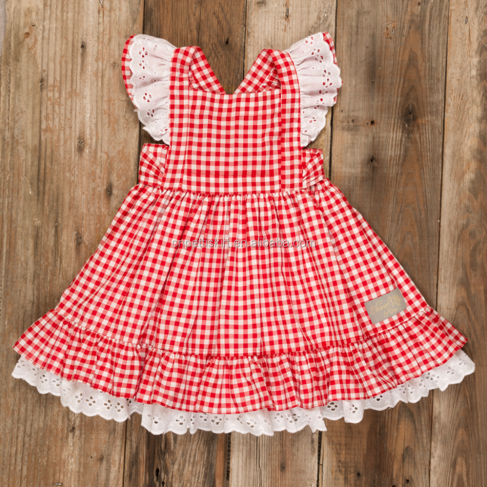 2022 boutique customized small flying sleeves children dress red lattice fashion baby girl dress lace ruffle hem kids dress