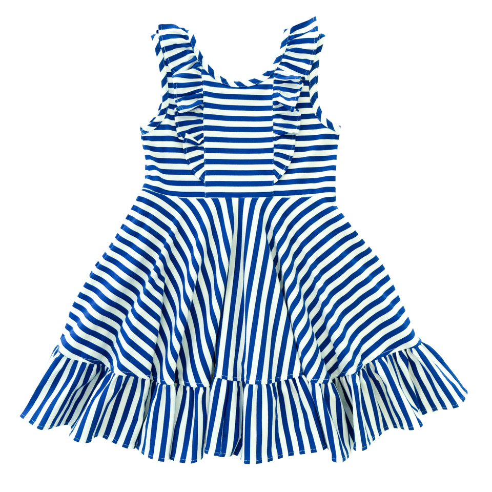 summer new sleeveless girls' dresses ruffle neckline hem stripe print white and blue dress for kids