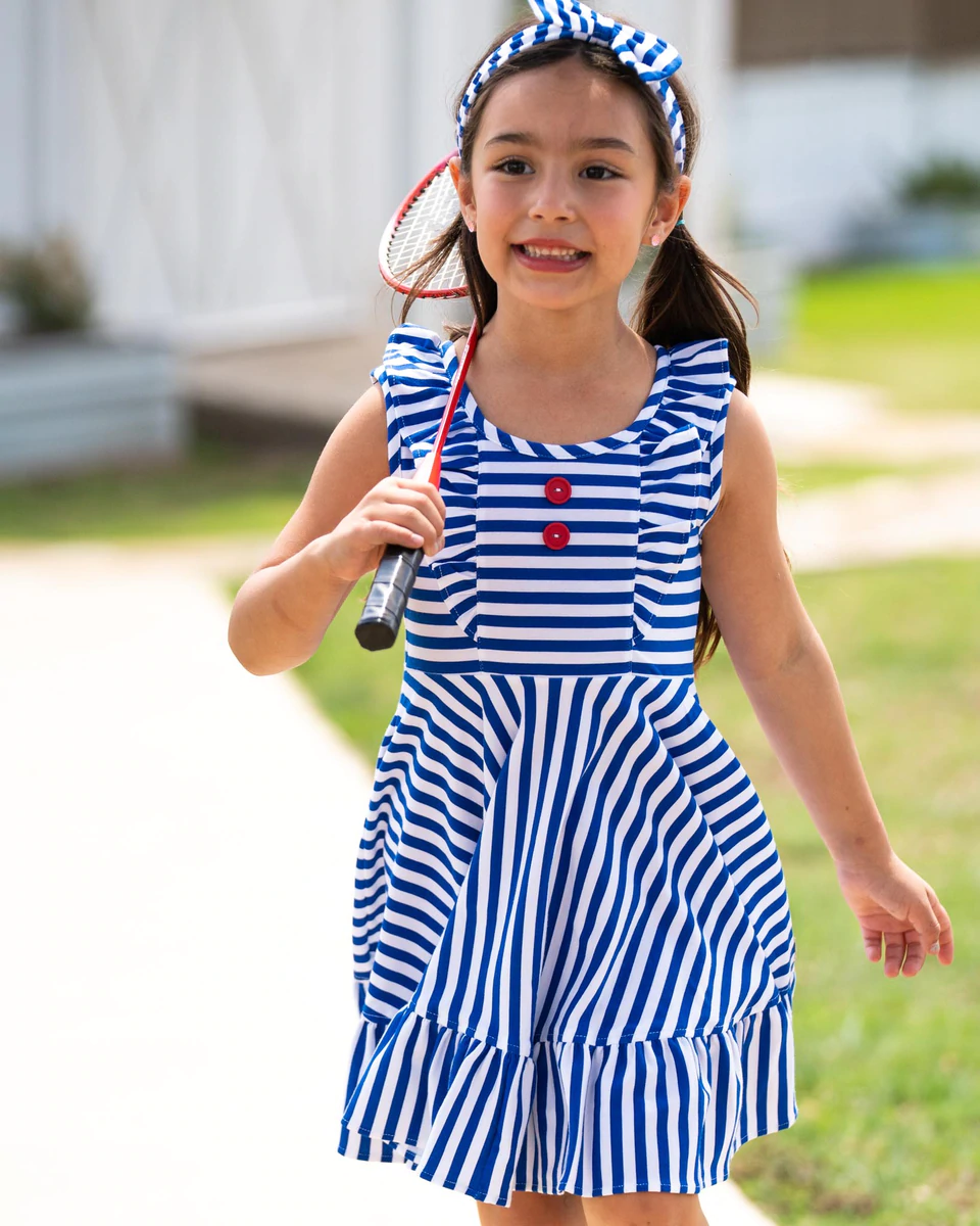 summer new sleeveless girls' dresses ruffle neckline hem stripe print white and blue dress for kids