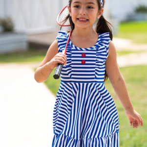 summer new sleeveless girls' dresses ruffle neckline hem stripe print white and blue dress for kids