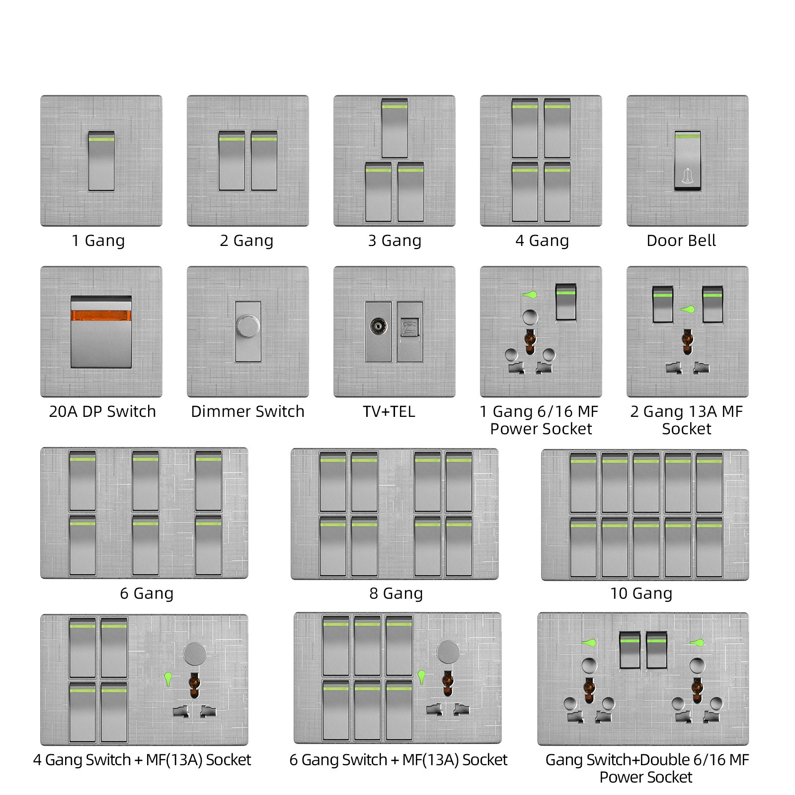 BS Standard Factory Wholesale Silver Painted Plastic Panel 6 Gang 1 Way Push Button Light Control Household Wall Switch