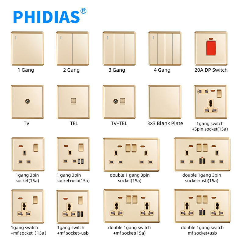 factory design BS standard acrylic surface big panel 3 gang push button wall switches with LED