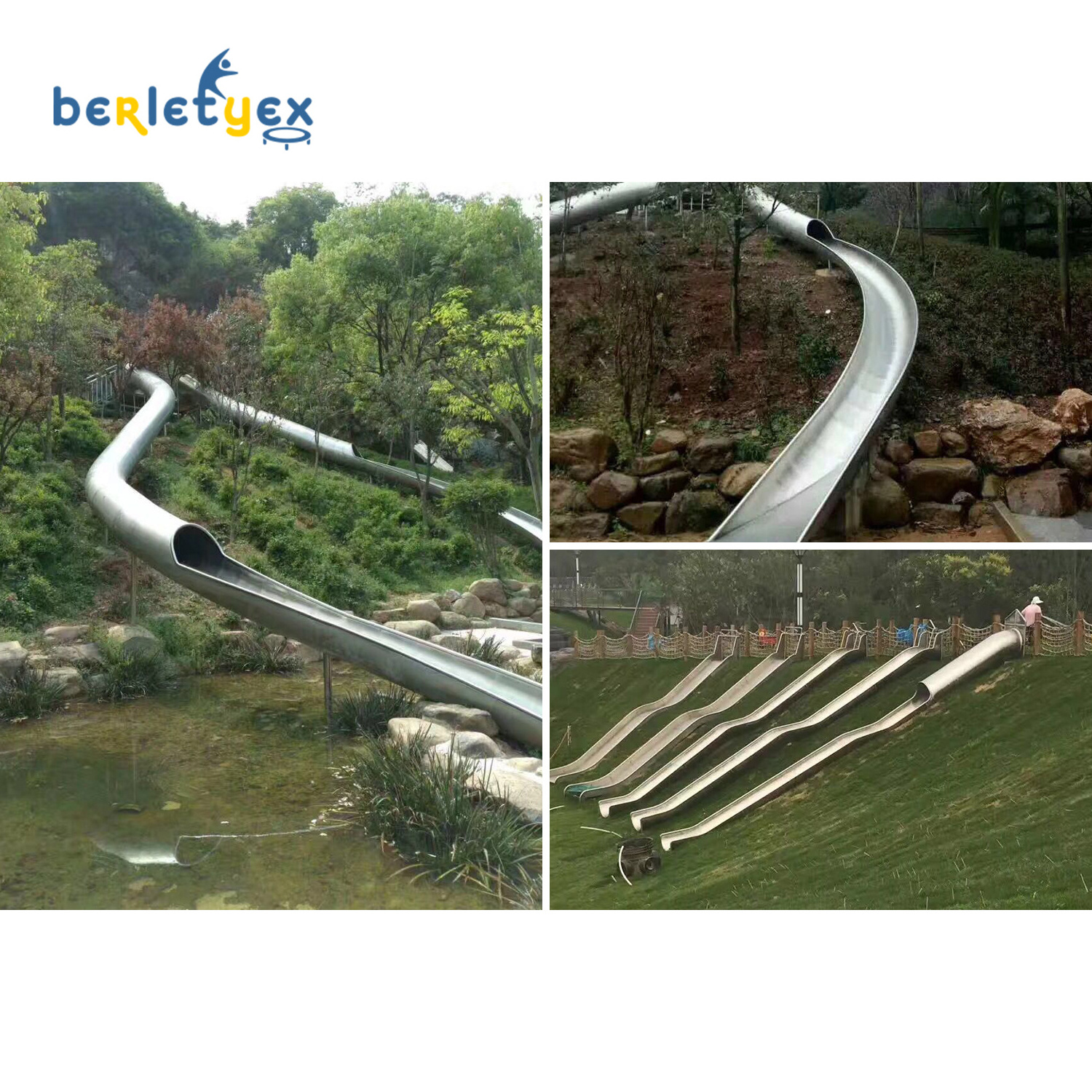 Berletyex large long super mountain rampway slide park kids stainless steel custom for sale playground