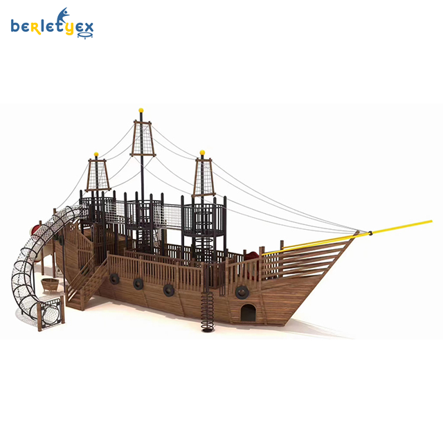 Commercial Wooden Boat Playground Slide Pirate Ship Style Theme Park for Children Adult Kids Outdoor Play Wooden Garden City